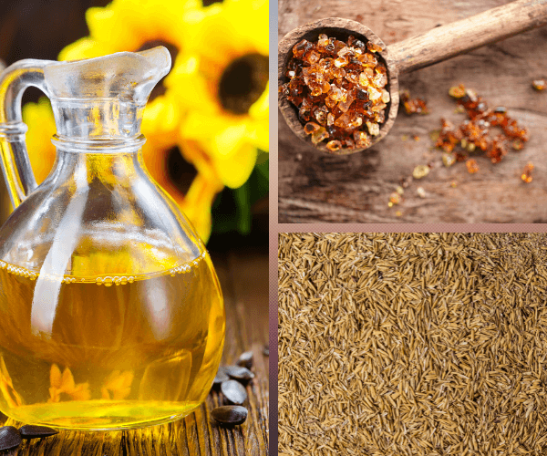 Sunflower Oil, Gum Arabic, and Rice Hulls